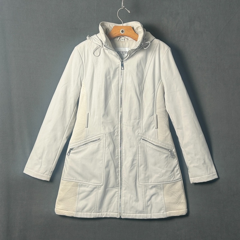 Guess Womens Mid Length Rain Jacket Coat Large Cream Ivory Hooded Anorak Ribbed